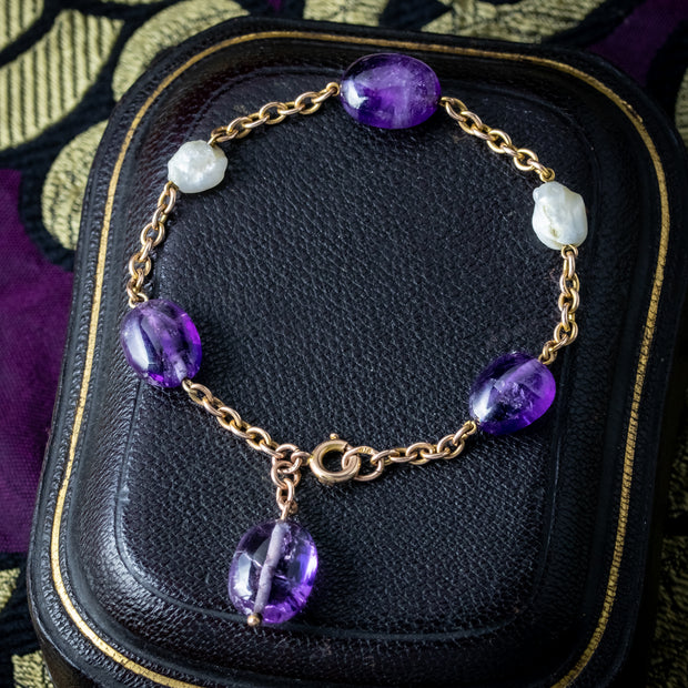 Antique Victorian Amethyst Baroque Pearl Bracelet 9ct Gold