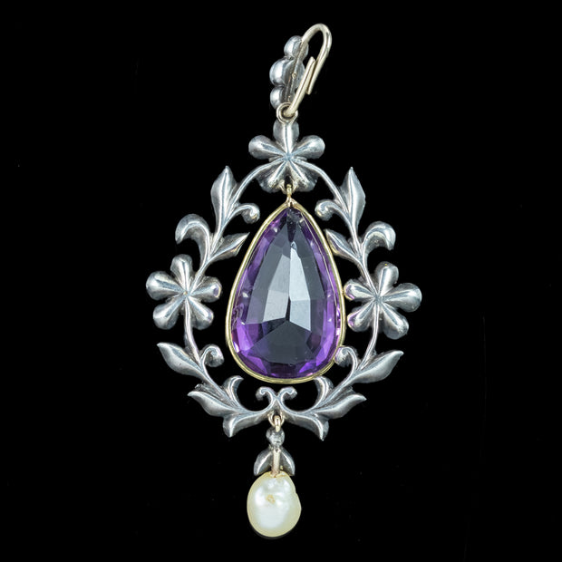 Antique Victorian Amethyst Diamond Pearl Pendant Silver 18ct Gold