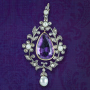 Antique Victorian Amethyst Diamond Pearl Pendant Silver 18ct Gold