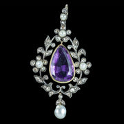 Antique Victorian Amethyst Diamond Pearl Pendant Silver 18ct Gold