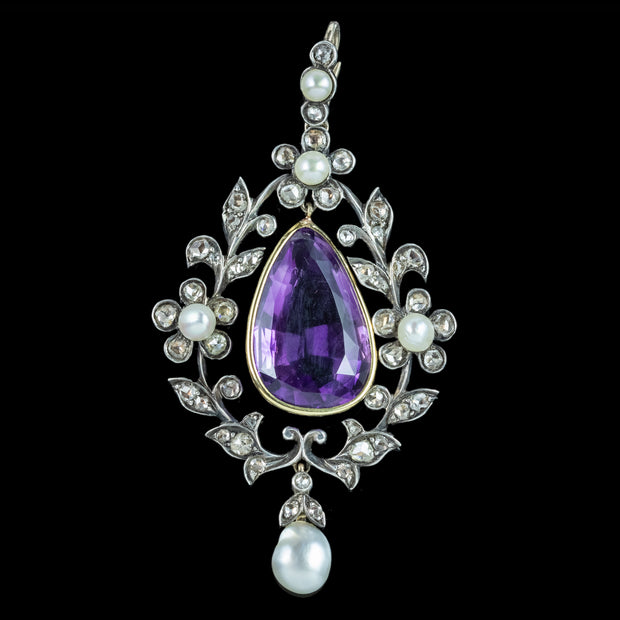 Antique Victorian Amethyst Diamond Pearl Pendant Silver 18ct Gold