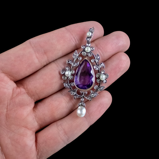 Antique Victorian Amethyst Diamond Pearl Pendant Silver 18ct Gold