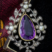 Antique Victorian Amethyst Diamond Pearl Pendant Silver 18ct Gold