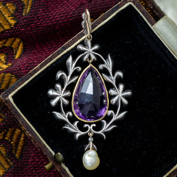 Antique Victorian Amethyst Diamond Pearl Pendant Silver 18ct Gold