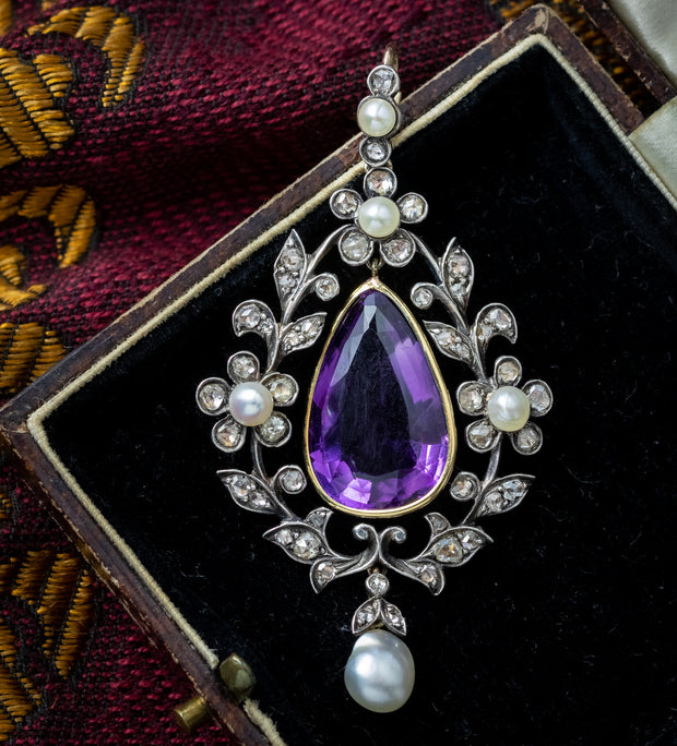 Antique Victorian Amethyst Diamond Pearl Pendant Silver 18ct Gold
