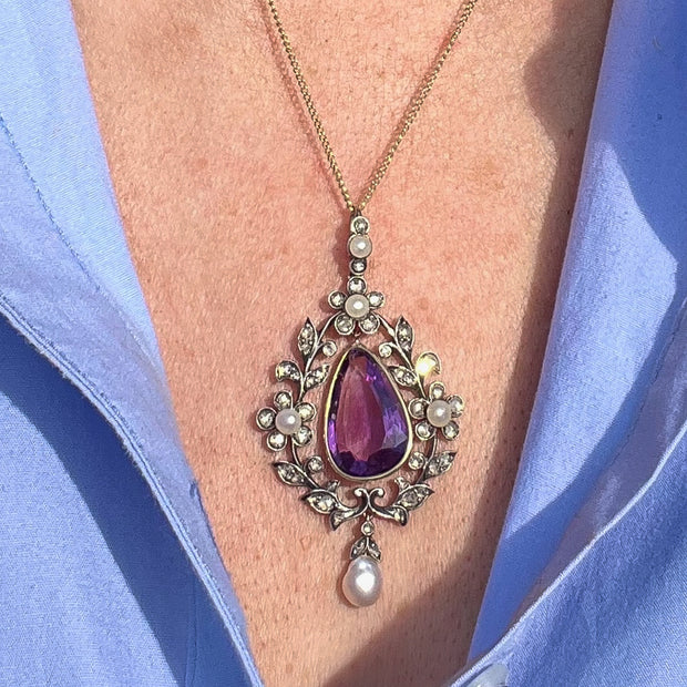 Antique Victorian Amethyst Diamond Pearl Pendant Silver 18ct Gold