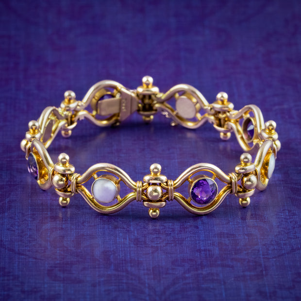 Antique Victorian Amethyst Mother Of Pearl Bracelet 15ct Gold 