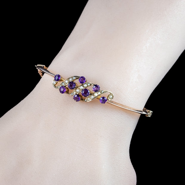 Antique Victorian Amethyst Pearl Bangle 9ct Gold 