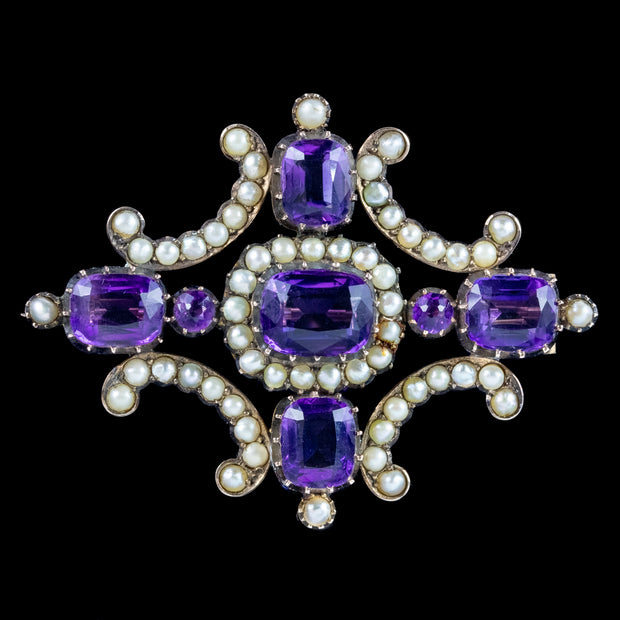 Antique Victorian Amethyst Pearl Brooch 15ct Gold