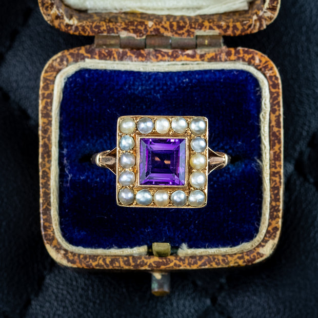 Antique Victorian Amethyst Pearl Cluster Ring 1.8ct Amethyst