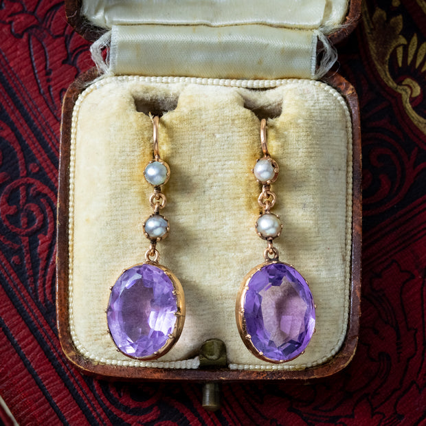 Antique Victorian Amethyst Pearl Drop Earrings 7.2ct Amethysts