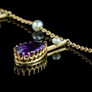 Antique Victorian Amethyst Pearl Dropper Necklace 15ct Gold