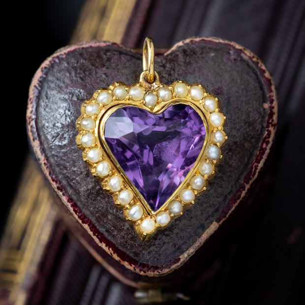 Antique Victorian Amethyst Pearl Witches Heart Pendant 15ct Gold