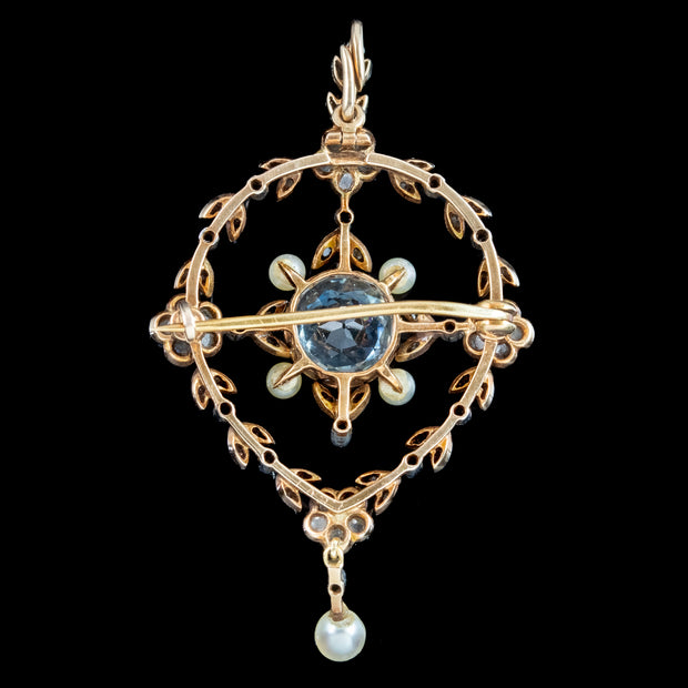 Antique Victorian Floral Aquamarine Diamond Pearl Pendant Brooch