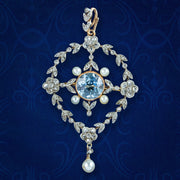 Antique Victorian Floral Aquamarine Diamond Pearl Pendant Brooch