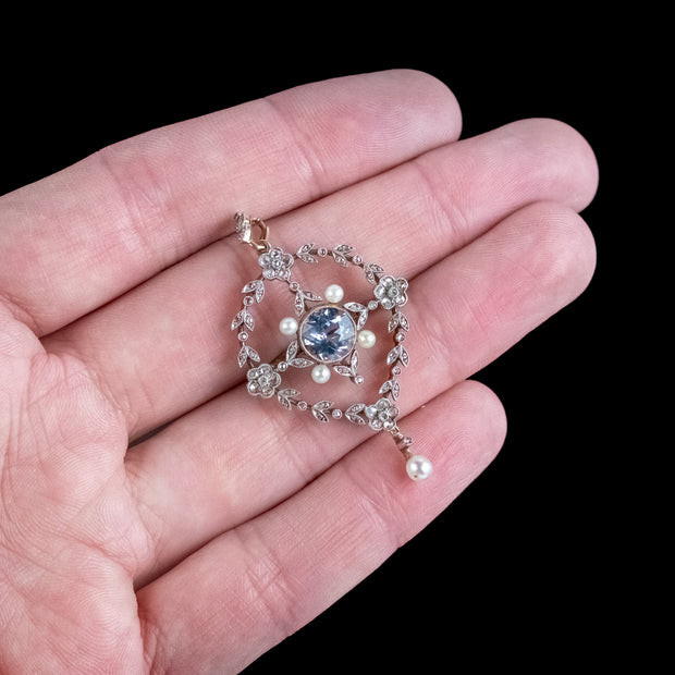 Antique Victorian Floral Aquamarine Diamond Pearl Pendant Brooch