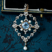 Antique Victorian Floral Aquamarine Diamond Pearl Pendant Brooch