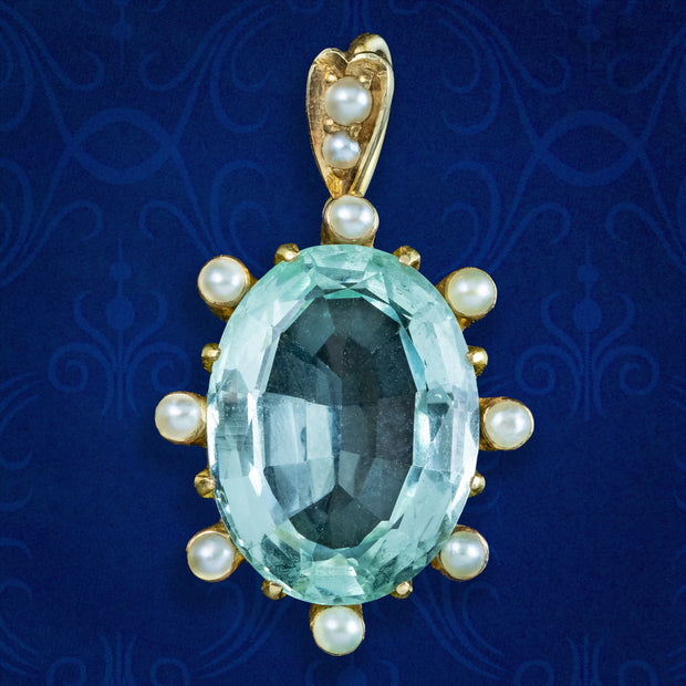 Antique Victorian Aquamarine Pearl Pendant 15ct Gold 8ct Aqua