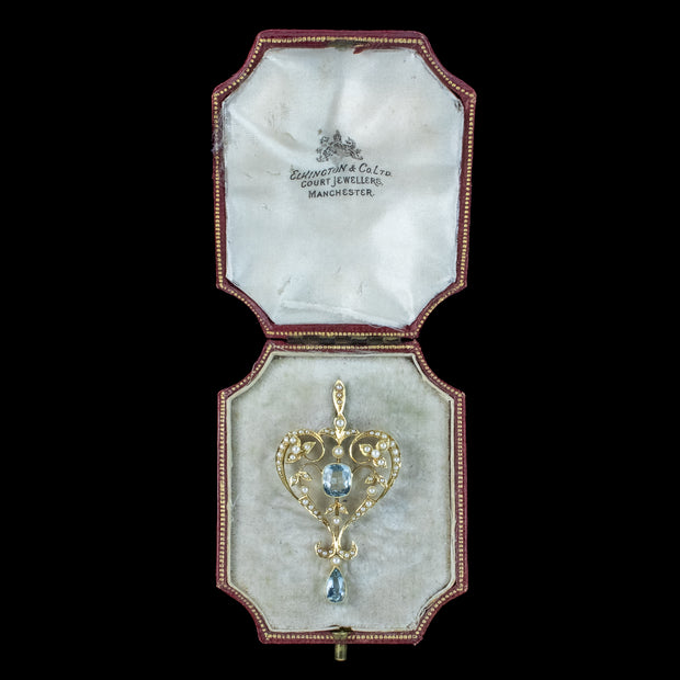 Antique Victorian Aquamarine Pearl Pendant 15ct Gold With Box