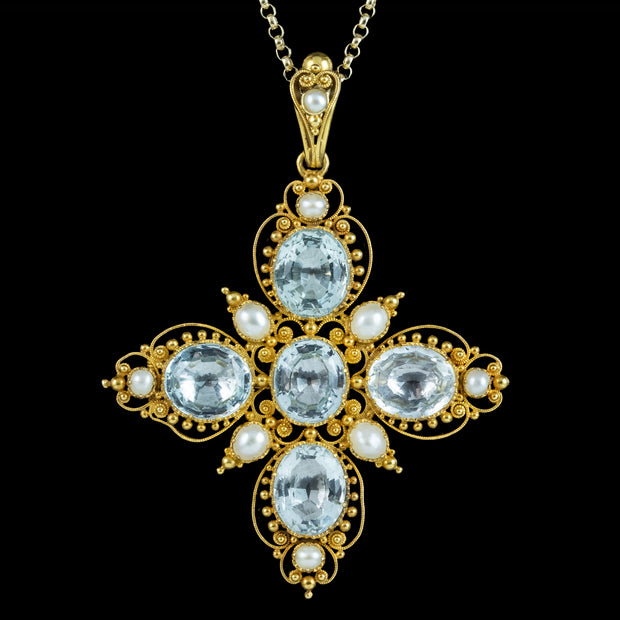 Antique Victorian Aquamarine Pearl Pendant Necklace 7.8ct Aquamarine