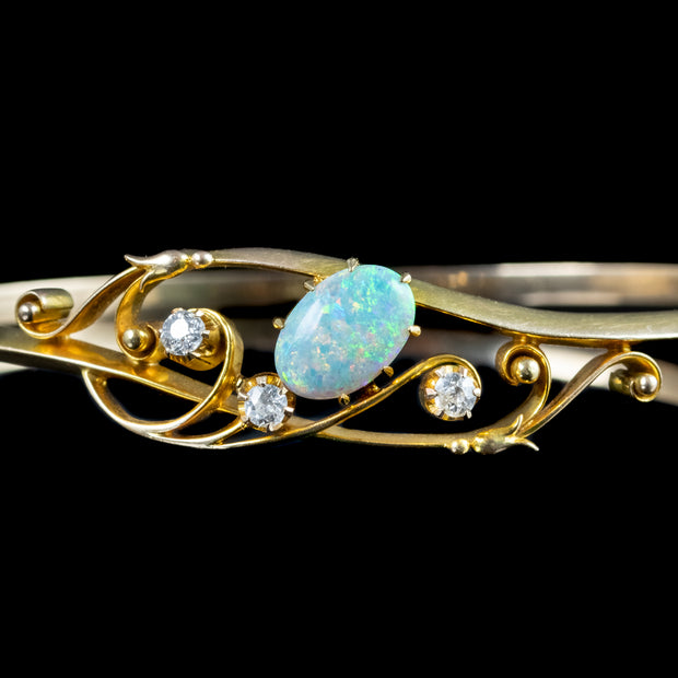 Antique Victorian Art Nouveau Opal Diamond Bangle 15ct Gold