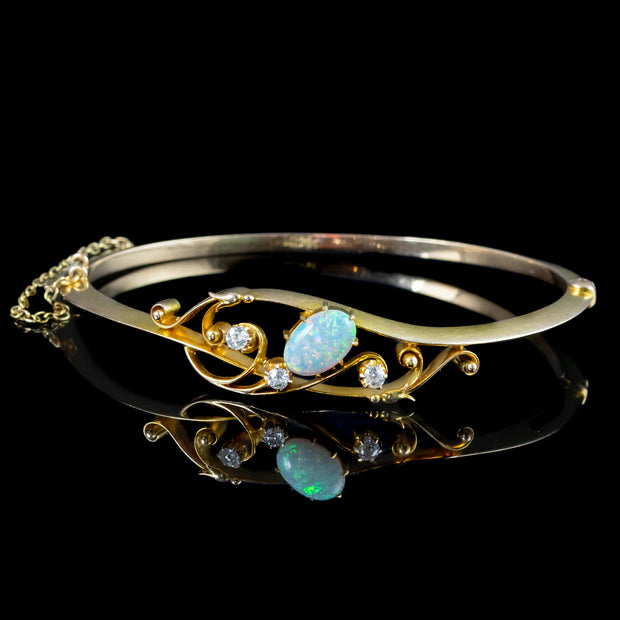 Antique Victorian Art Nouveau Opal Diamond Bangle 15ct Gold