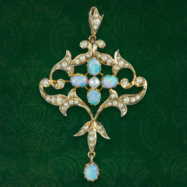 Antique Victorian Art Nouveau Opal Pearl Pendant 9ct Gold 