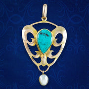 Antique Victorian Art Nouveau Turquoise Pearl Pendant 15ct Gold