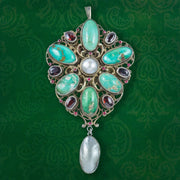 Antique Victorian Arts And Crafts Turquoise Pearl Garnet Pendant 