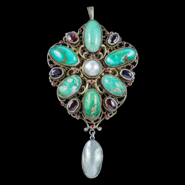 Antique Victorian Arts And Crafts Turquoise Pearl Garnet Pendant 