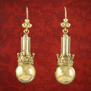 Antique Victorian Ball And Crown Drop Earrings 15ct Gold