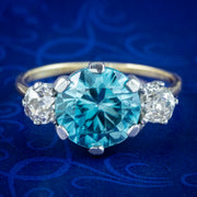 Antique Edwardian Blue Zircon Diamond Trilogy Ring 3ct Zircon