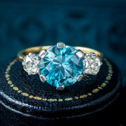 Antique Edwardian Blue Zircon Diamond Trilogy Ring 3ct Zircon