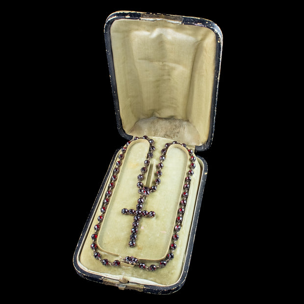 Antique Victorian Bohemian Garnet Cross Necklace 18ct Gold With Box