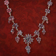 Antique Victorian Bohemian Garnet Floral Dropper Necklace 