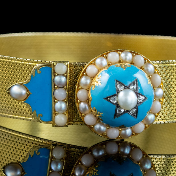 Antique Victorian Buckle Bracelet Coral Diamond Pearl Enamel 18ct Gold