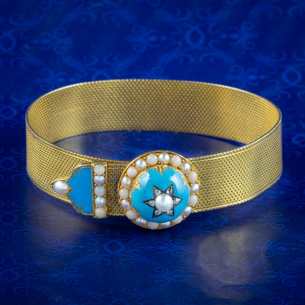 Antique Victorian Buckle Bracelet Coral Diamond Pearl Enamel 18ct Gold