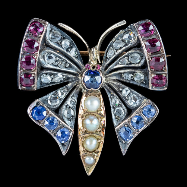 Antique Victorian Butterfly Brooch Diamond Pearl Ruby Sapphire