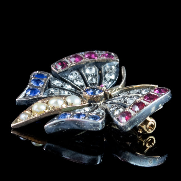 Antique Victorian Butterfly Brooch Diamond Pearl Ruby Sapphire