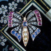 Antique Victorian Butterfly Brooch Diamond Pearl Ruby Sapphire