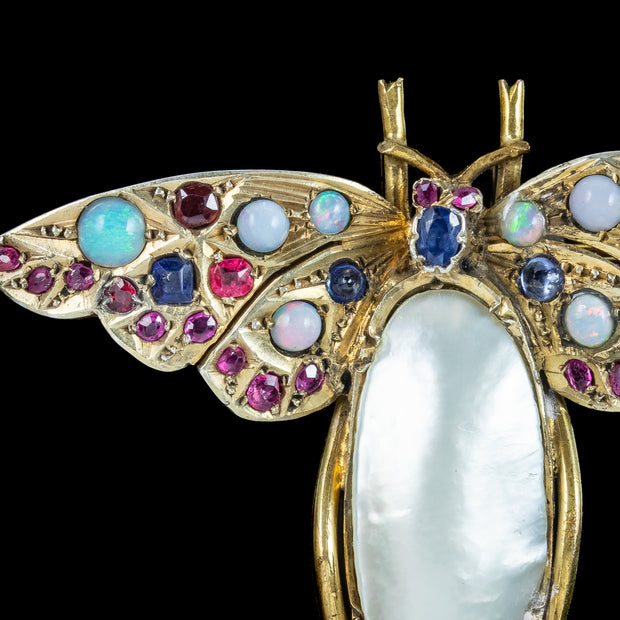 Antique Victorian Butterfly Brooch Mabe Pearl Ruby Sapphire Opal