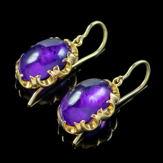 Antique Victorian Cabochon Amethyst Drop Earrings 18ct Gold