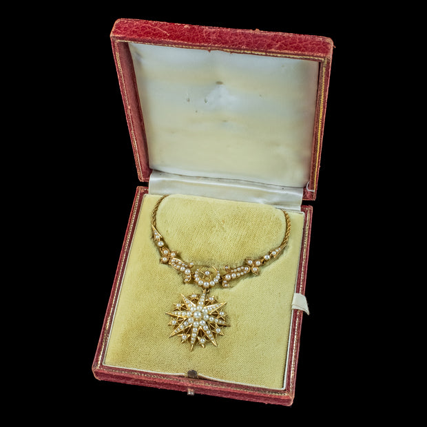 Antique Victorian Celestial Pearl Lavaliere Necklace 15ct Gold With Box