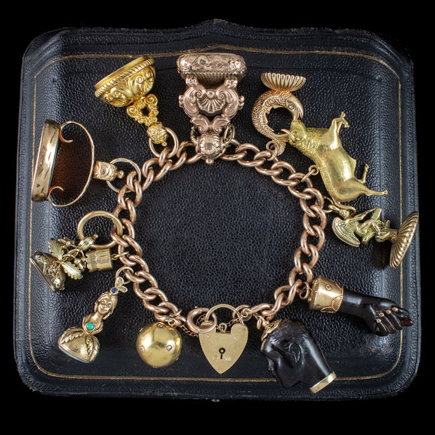 Antique Victorian Charm Bracelet With 12 Charms And Fobs 