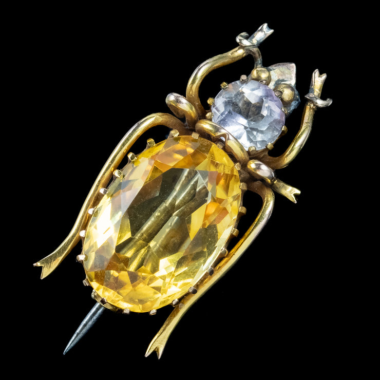 Antique Victorian Citrine Amethyst Beetle Brooch 9ct Gold 