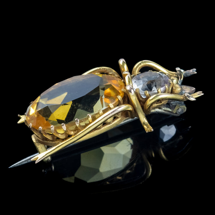 Antique Victorian Citrine Amethyst Beetle Brooch 9ct Gold 