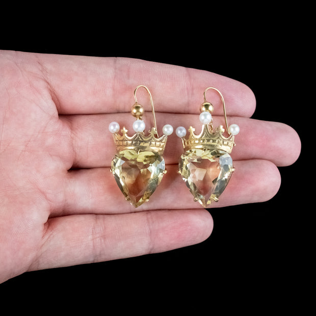 Antique Victorian Citrine Heart Pearl Crown Earrings 15ct Gold