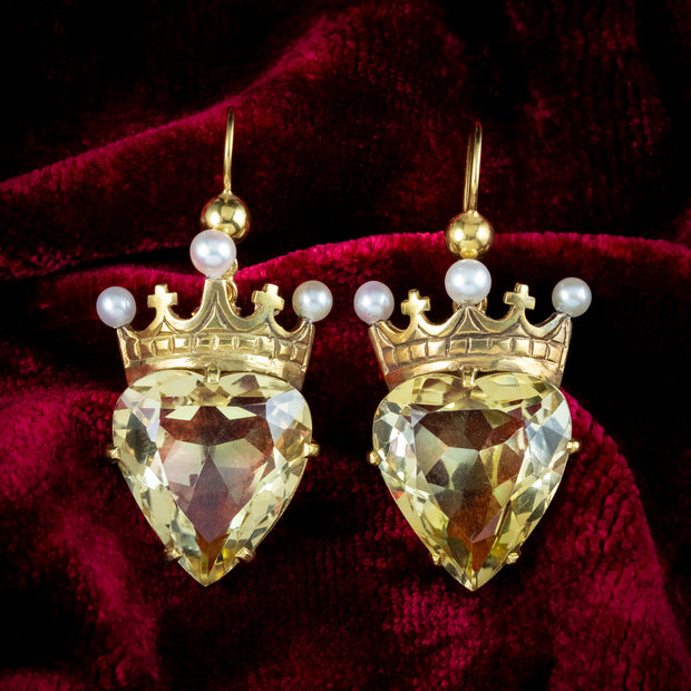 Antique Victorian Citrine Heart Pearl Crown Earrings 15ct Gold