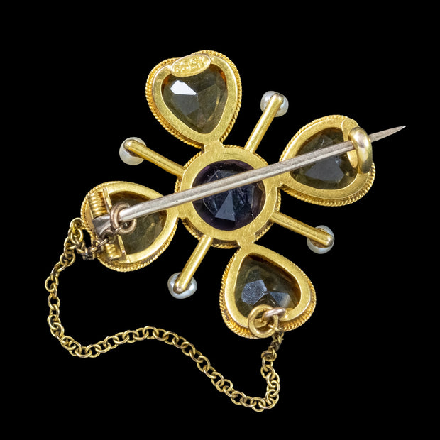 Antique Victorian Clover Brooch Amethyst Pearl Citrine  15ct Gold
