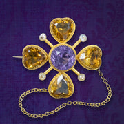 Antique Victorian Clover Brooch Amethyst Pearl Citrine  15ct Gold